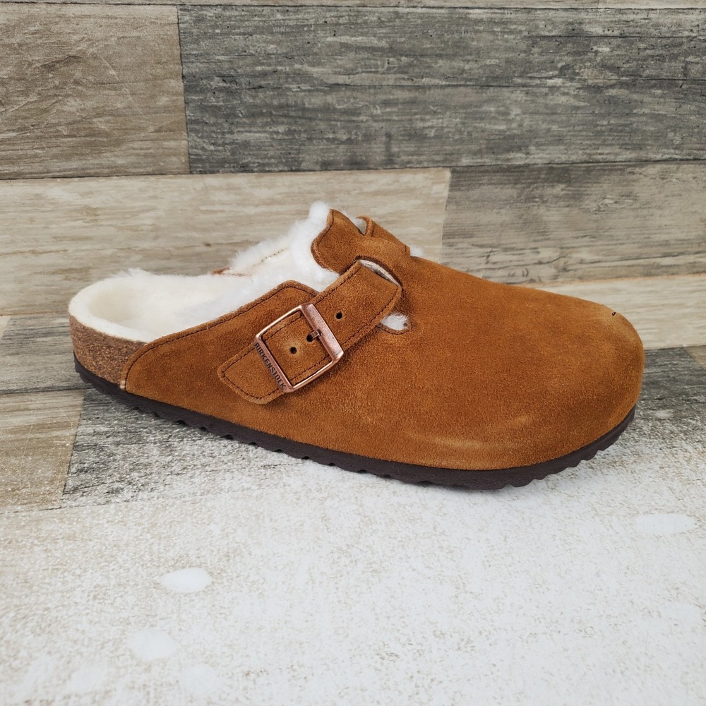 Birkenstock Boston Mens Clogs Sz 10 Mink Natural Shearling Lined Suede Round Toe